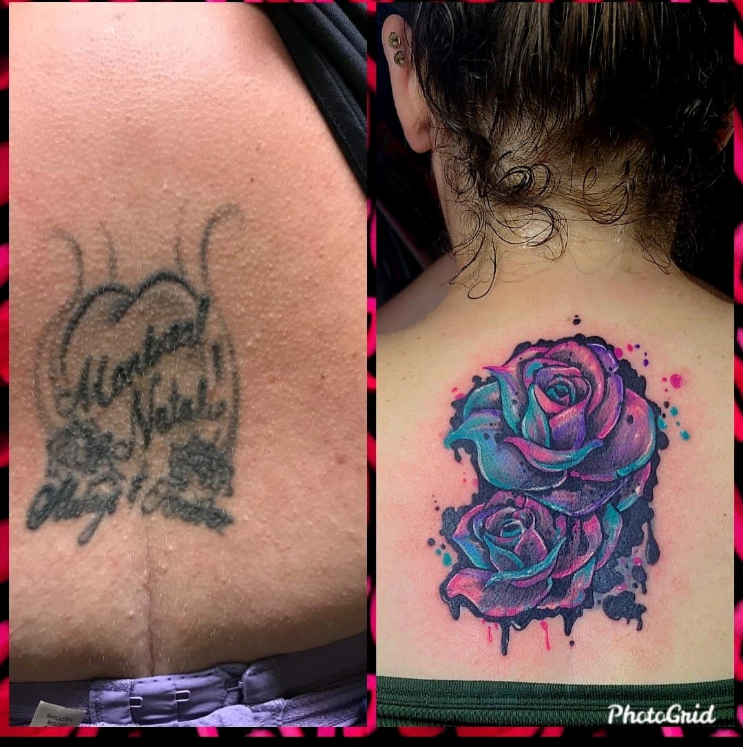 Color + Floral roses tattoo on Upper Back by Dank_N_Paint on TattMe