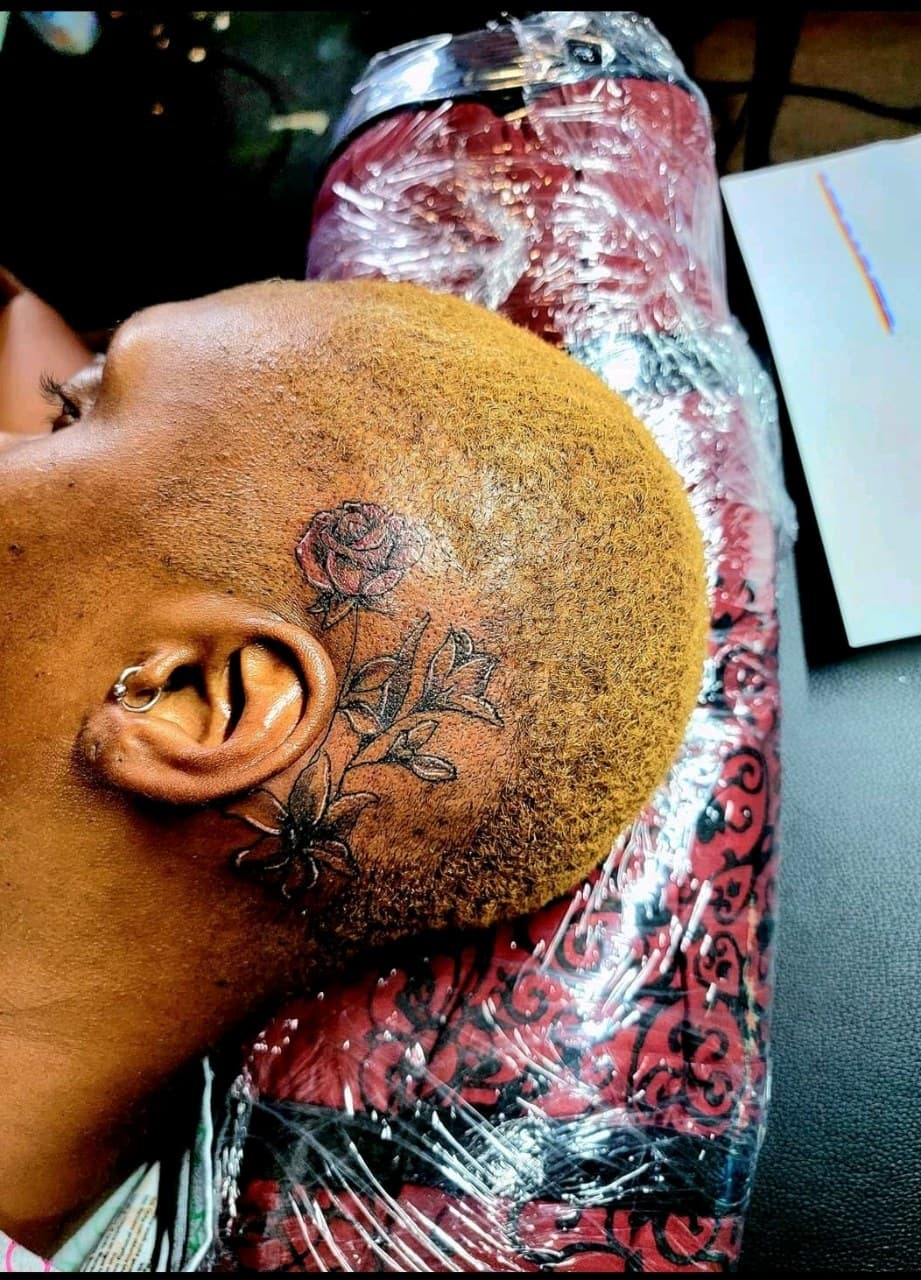 Fine Line + Black-work rose tattoo on Behind Ear by Dank_N_Paint on TattMe