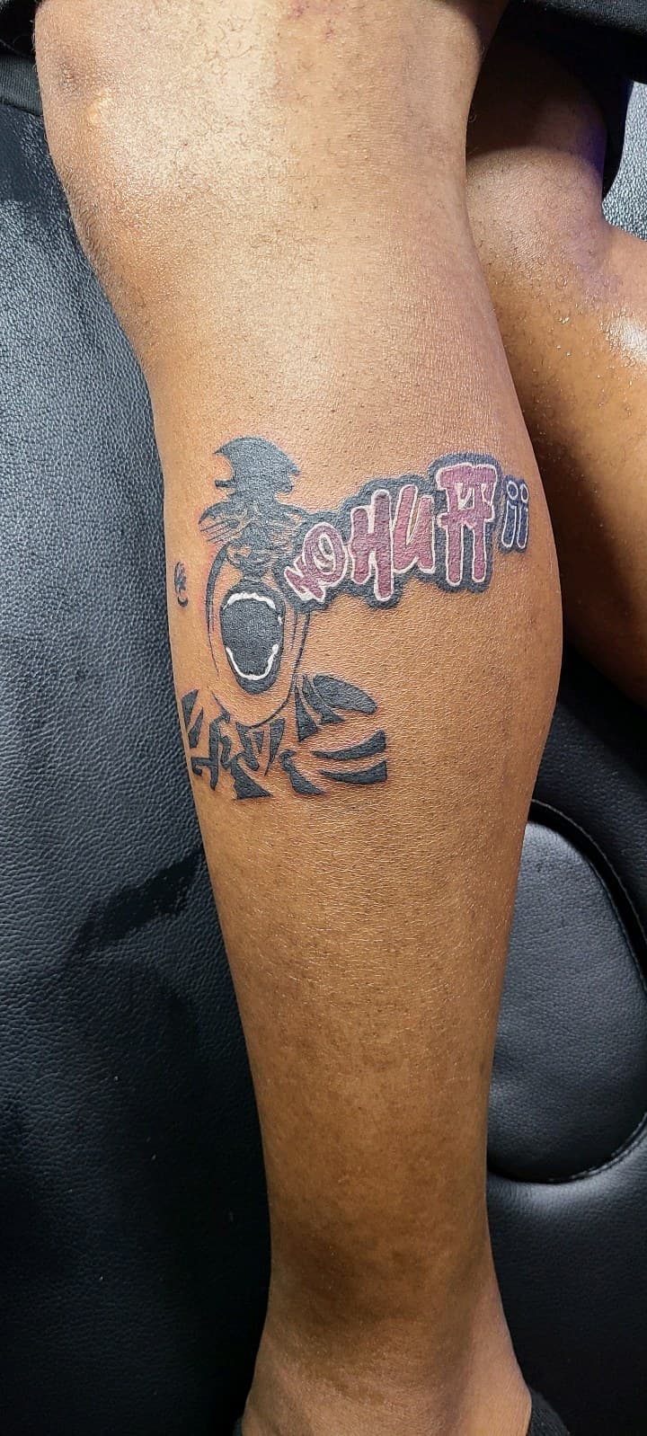 Illustrative + Black-work japanese text tattoo on Calf by Dank_N_Paint on TattMe