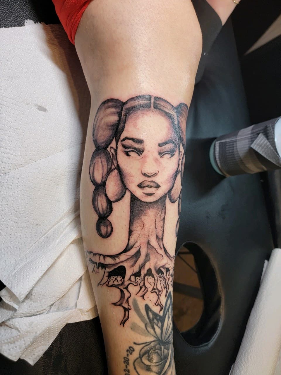 Black & Grey + Portrait woman tattoo on Calf by Dank_N_Paint on TattMe