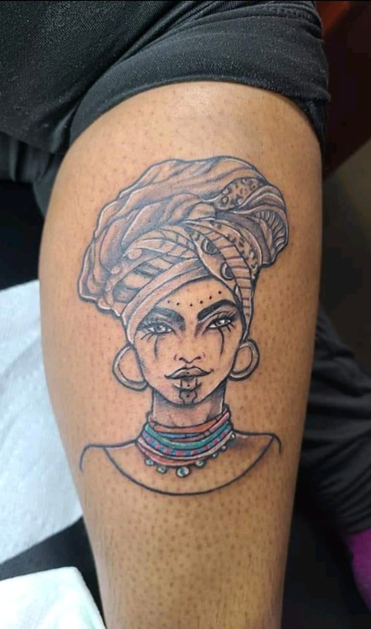 Illustrative + Color woman tattoo on Calf by Dank_N_Paint on TattMe
