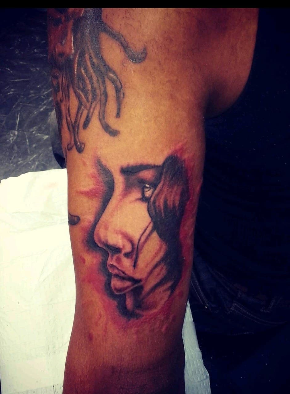 Black & Grey + Portrait woman tattoo on Upper Arm by Dank_N_Paint on TattMe