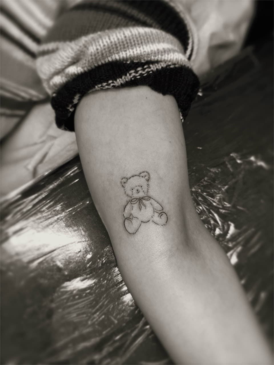 Fine Line + Minimalist teddy bear tattoo on Forearm by AidanTattoos on TattMe