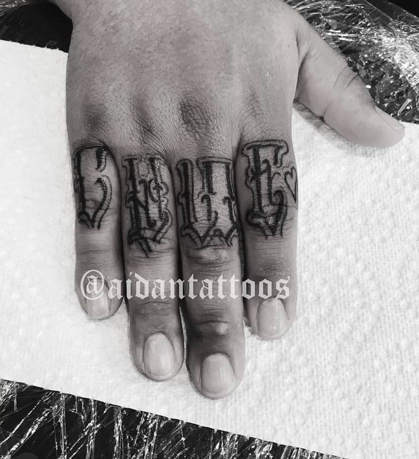 Lettering + Script old english tattoo on Fingers by AidanTattoos on TattMe