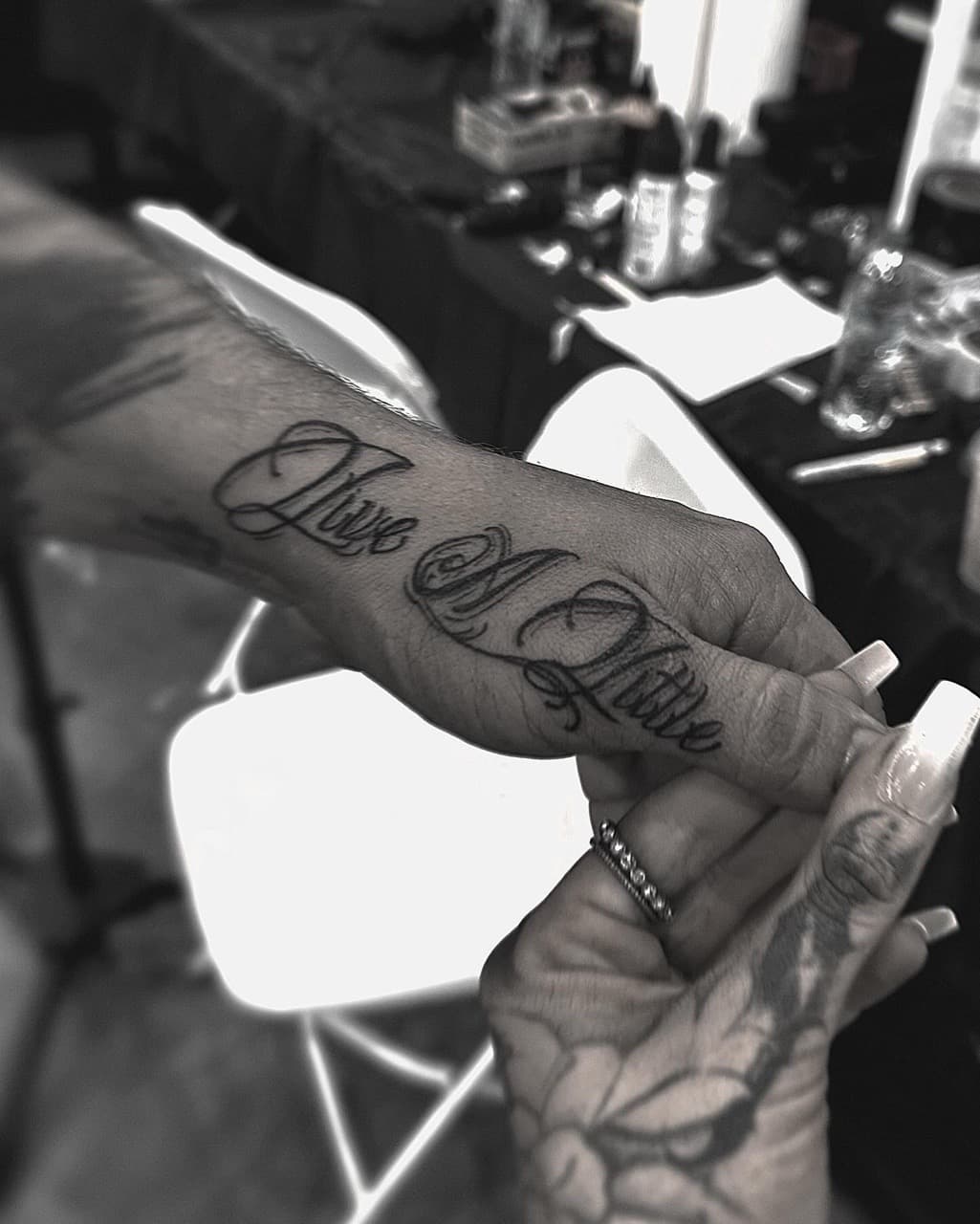 Script + Lettering hands tattoo on Hand by AidanTattoos on TattMe