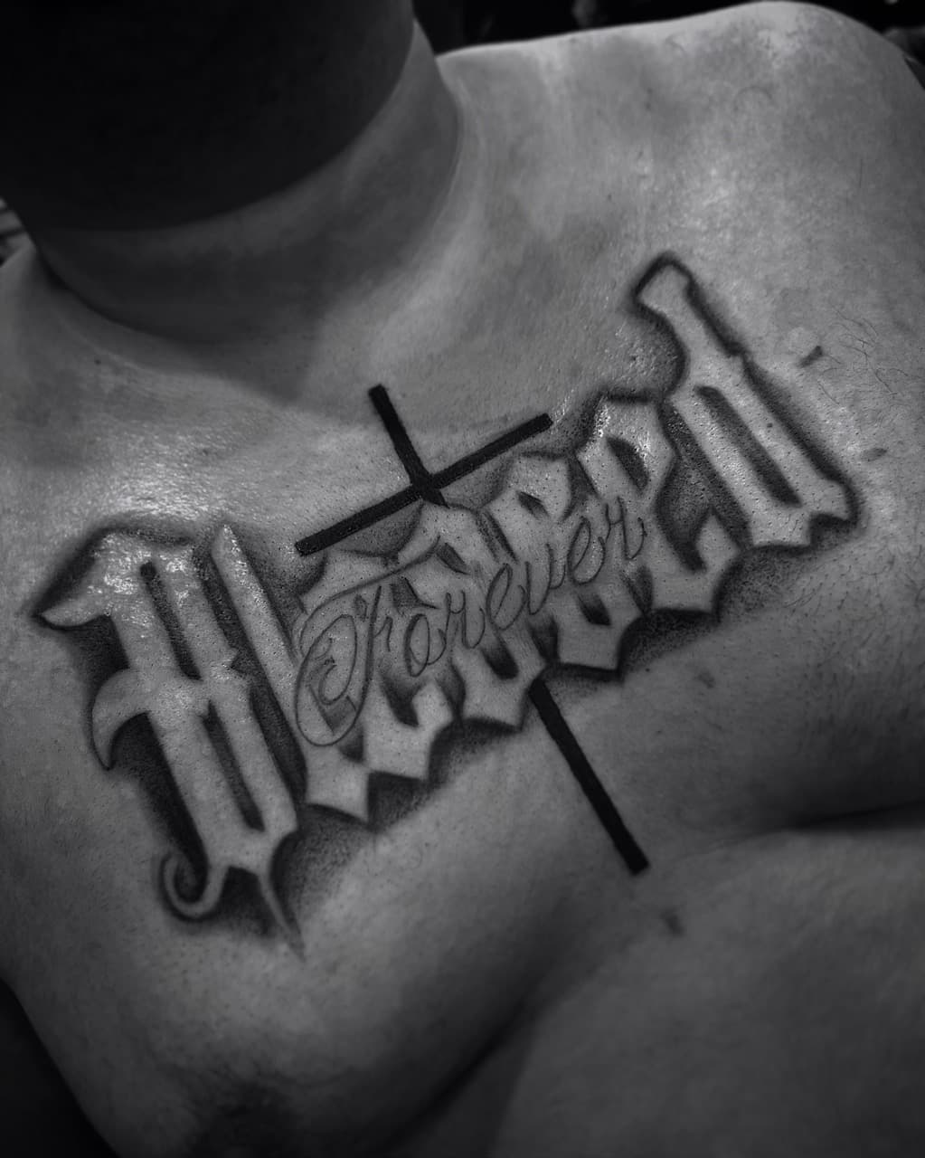 Lettering + Script blessed tattoo on Chest by AidanTattoos on TattMe