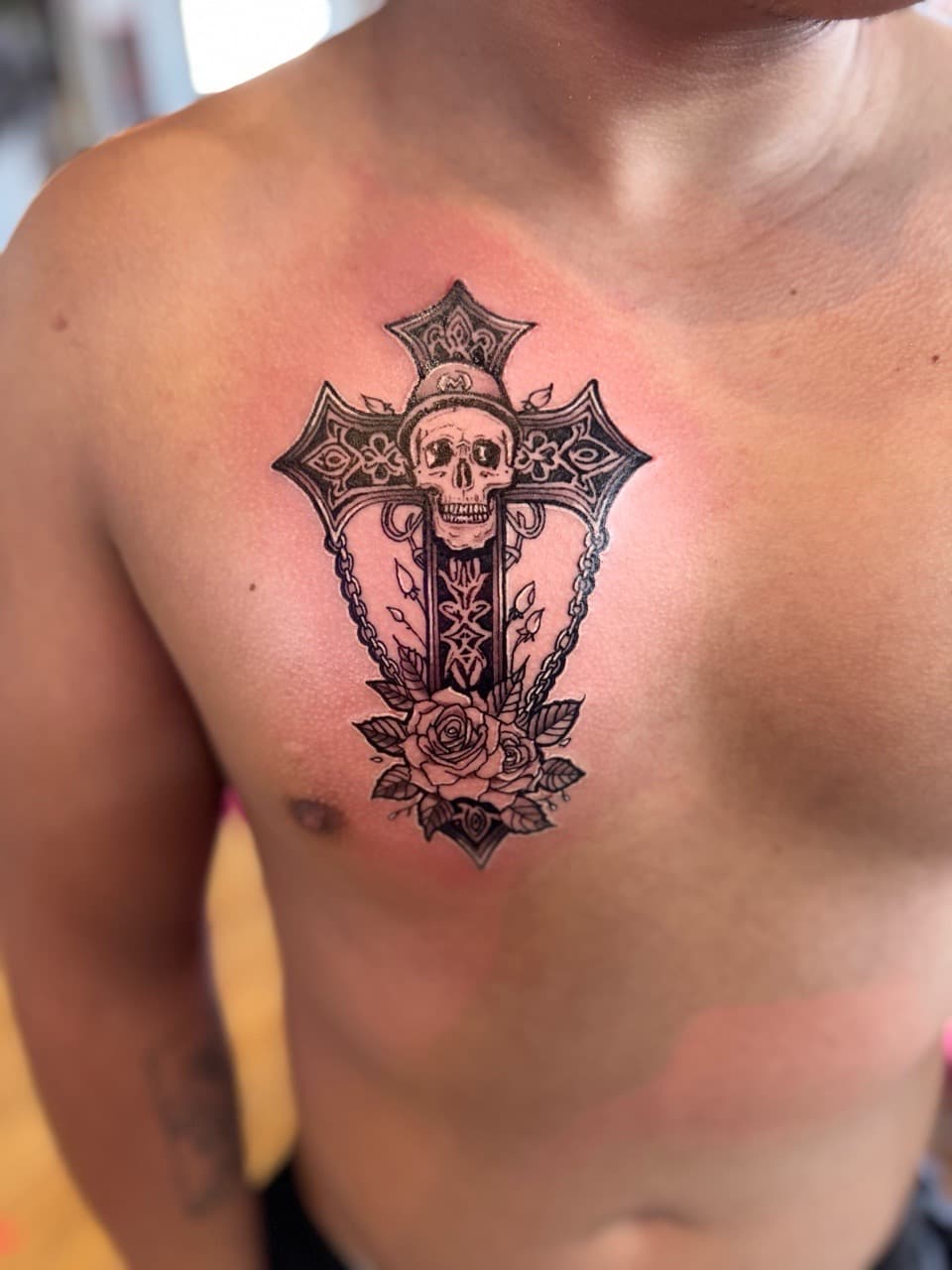Black & Grey + Illustrative skull tattoo on Sternum by William_Samaras on TattMe