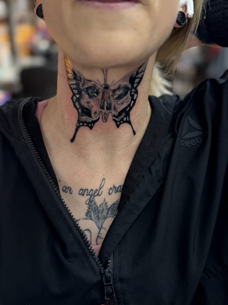 Black & Grey + Illustrative butterfly tattoo on Neck (Front) by William_Samaras on TattMe