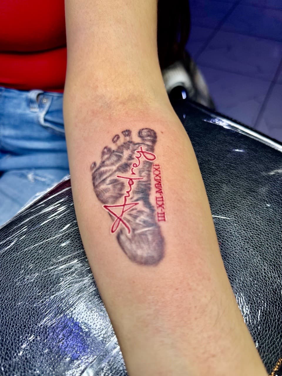 Realism + Lettering footprint tattoo on Forearm by William_Samaras on TattMe