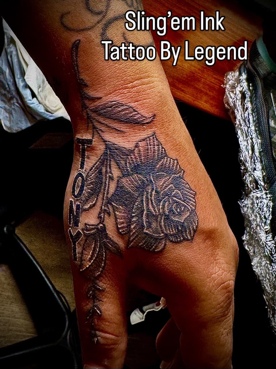 Black & Grey + Floral rose tattoo on Hand by William_Samaras on TattMe