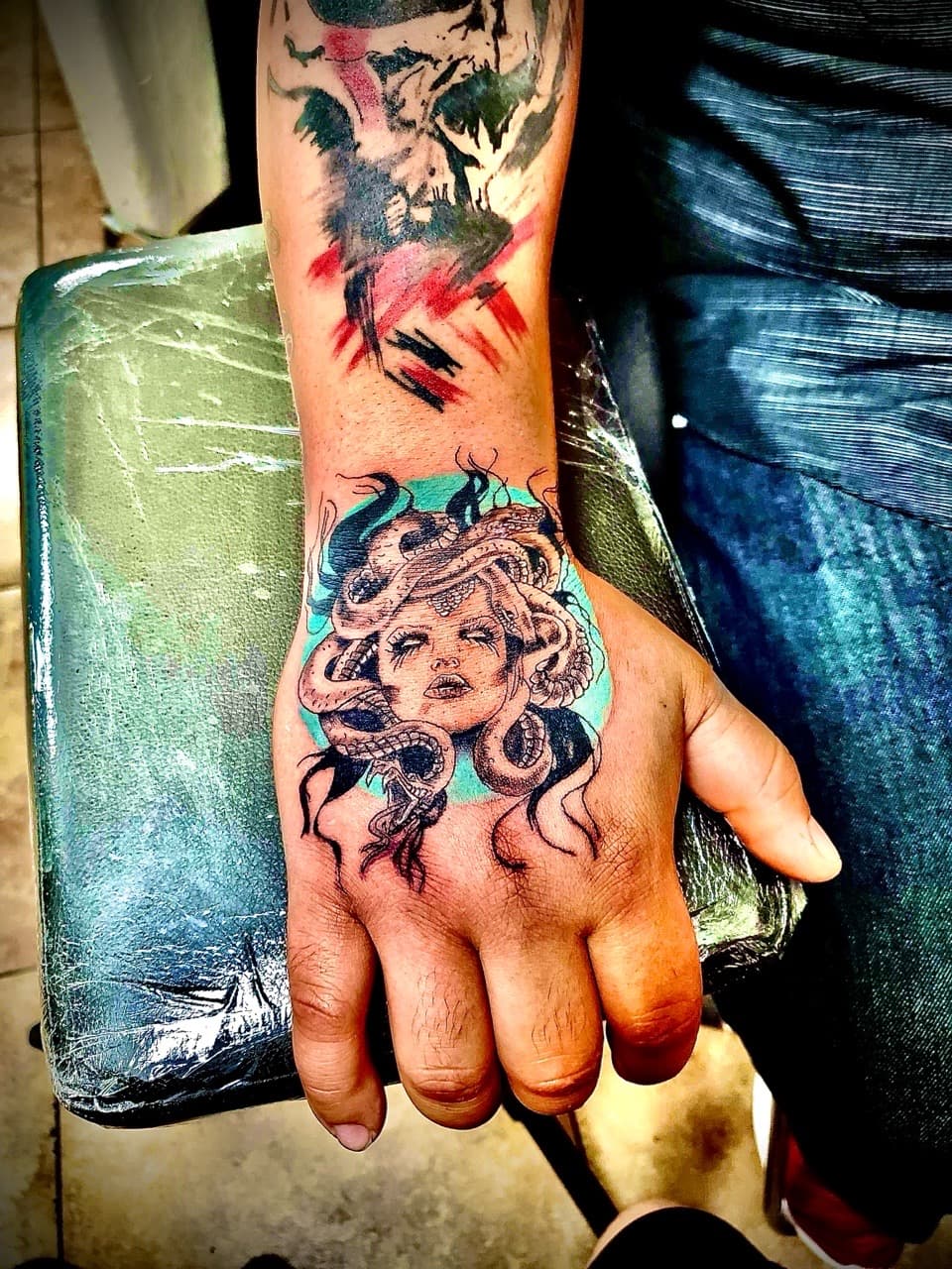 Illustrative + Black-work medusa tattoo on Hand by William_Samaras on TattMe