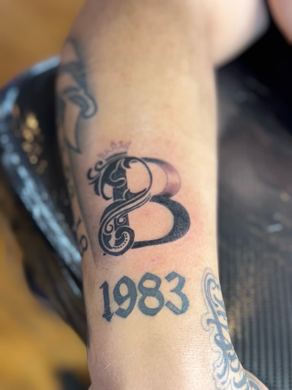 Lettering + Black-work letter b tattoo on Forearm by William_Samaras on TattMe