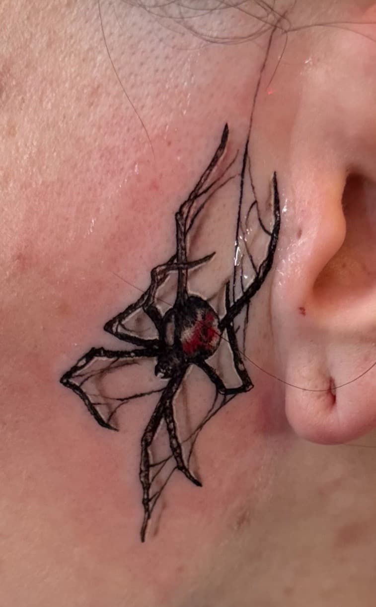 Black-work + Illustrative spider tattoo on Behind Ear by William_Samaras on TattMe