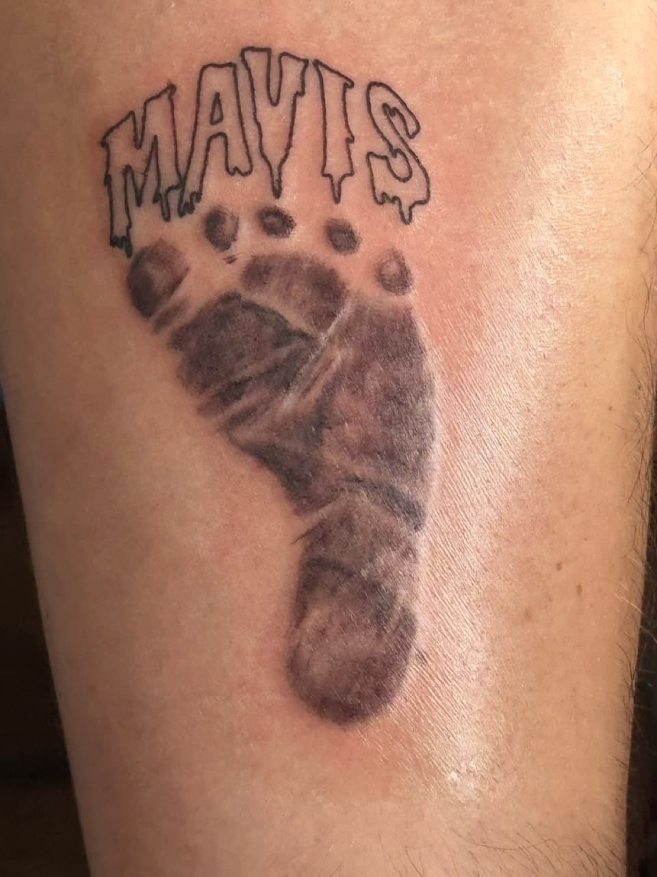 Black & Grey + Lettering footprint tattoo on Upper Arm by William_Samaras on TattMe