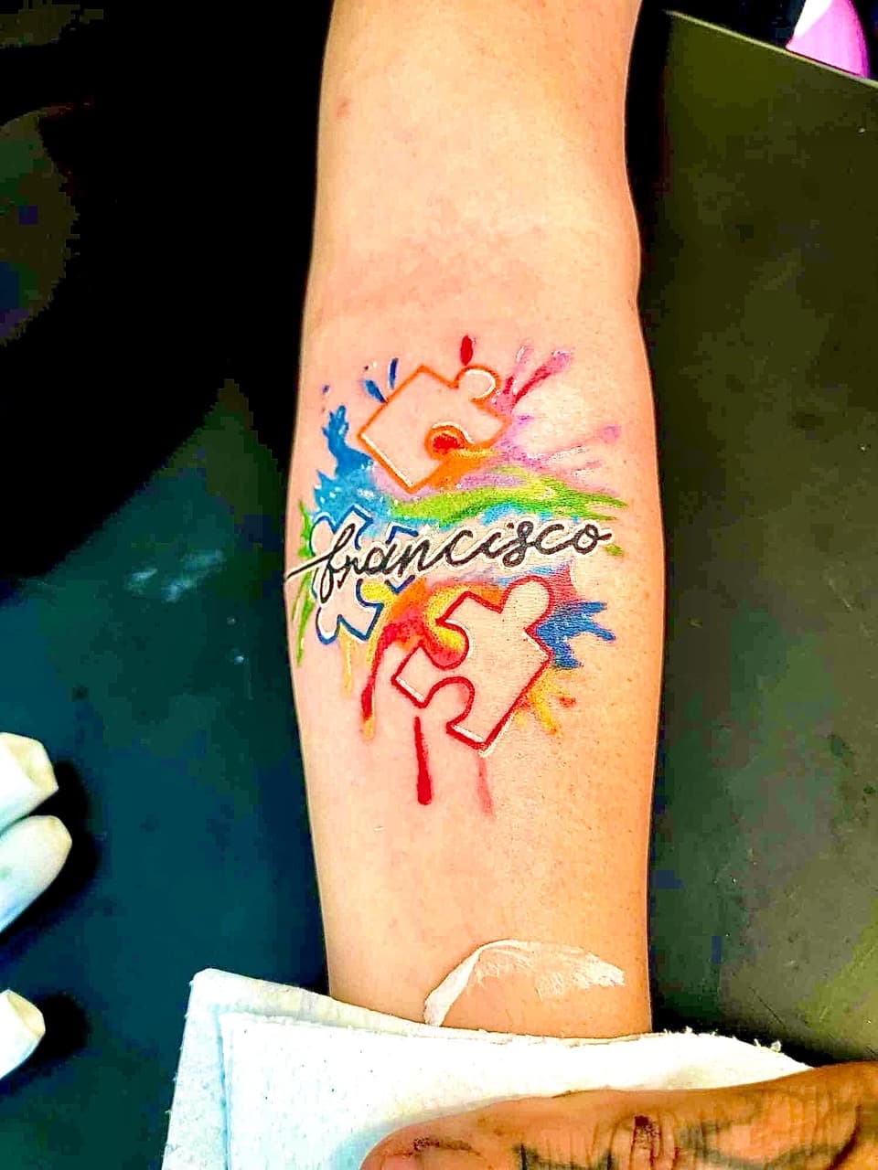 Watercolor + Color puzzle pieces tattoo on Forearm by William_Samaras on TattMe