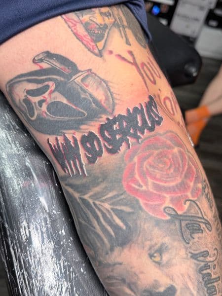 Black & Grey + Color ghostface mask tattoo on Calf by William_Samaras on TattMe