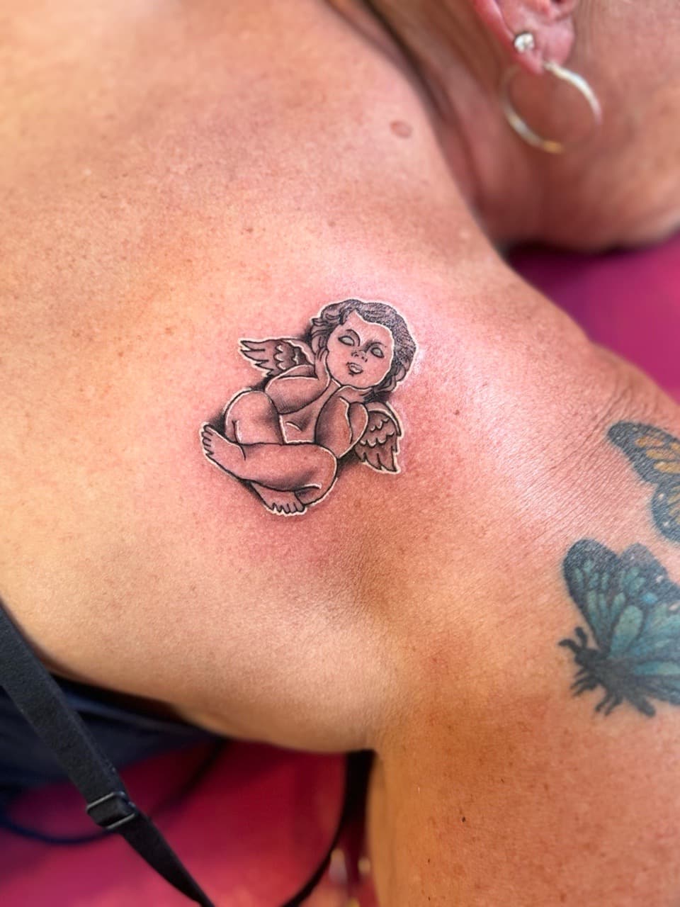 Fine Line + Black & Grey cherub tattoo on Shoulder Blade by William_Samaras on TattMe