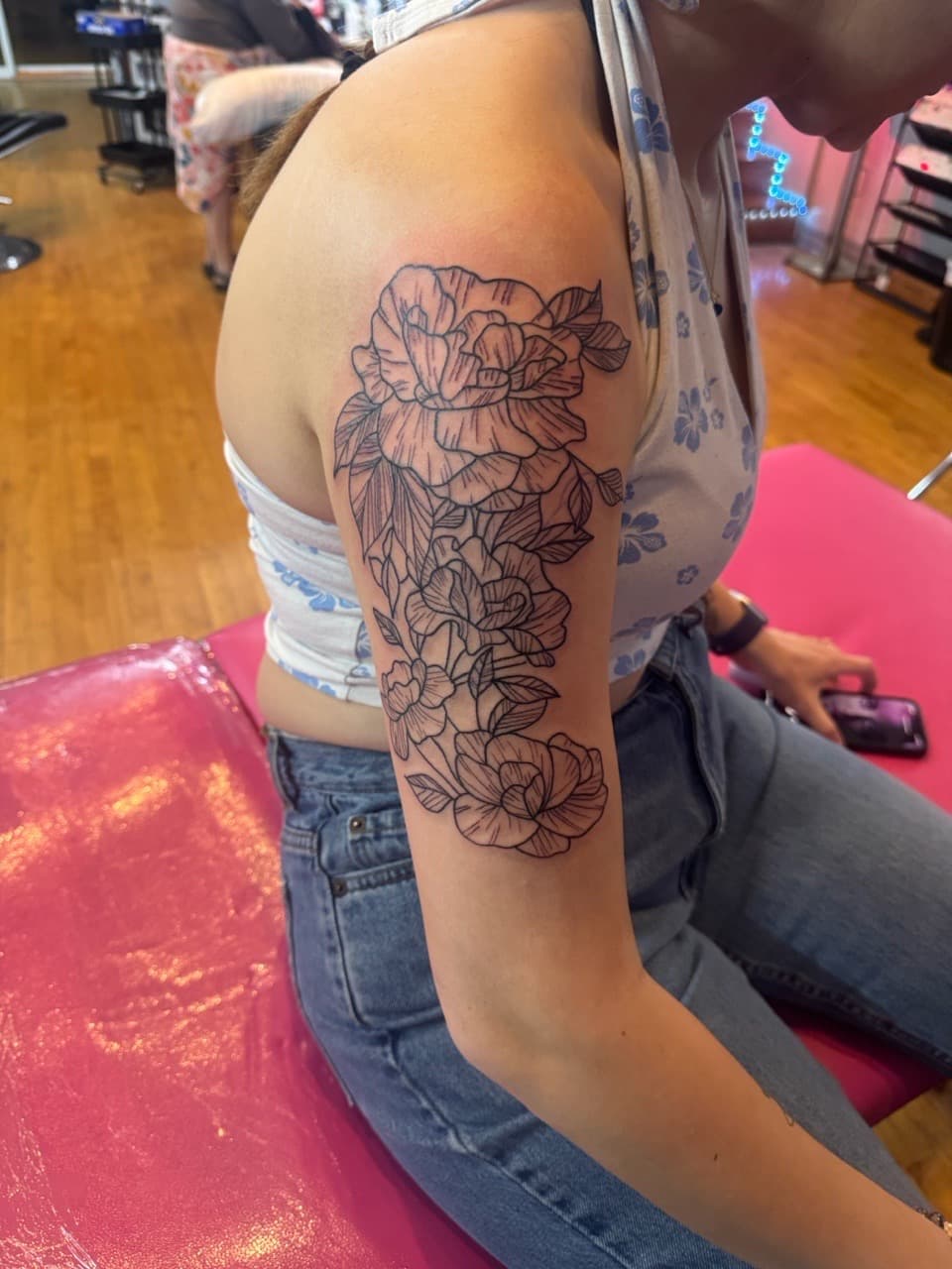 Floral + Fine Line flowers tattoo on Upper Arm by William_Samaras on TattMe