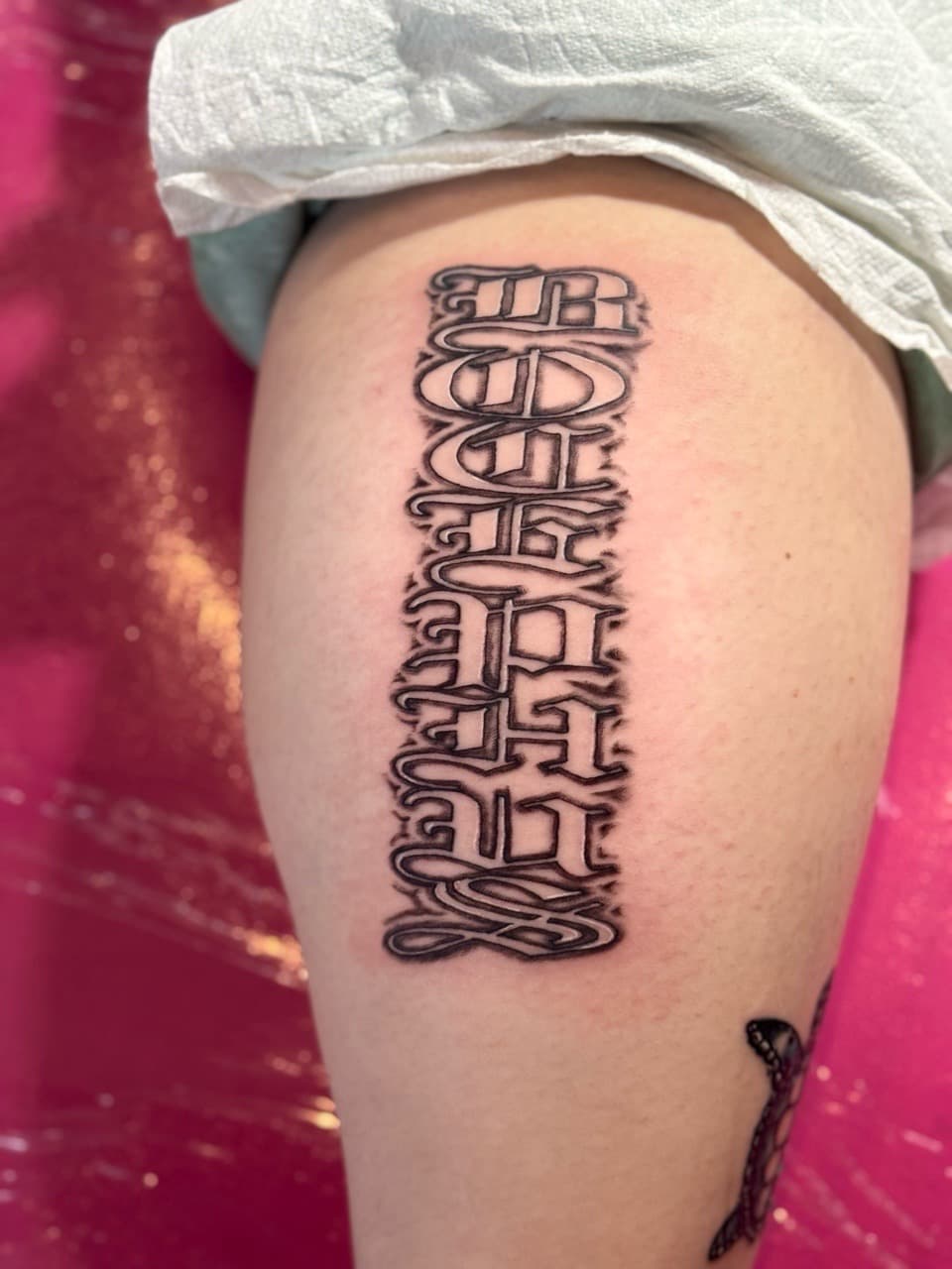 Lettering + Script ornamentation tattoo on Thigh by William_Samaras on TattMe