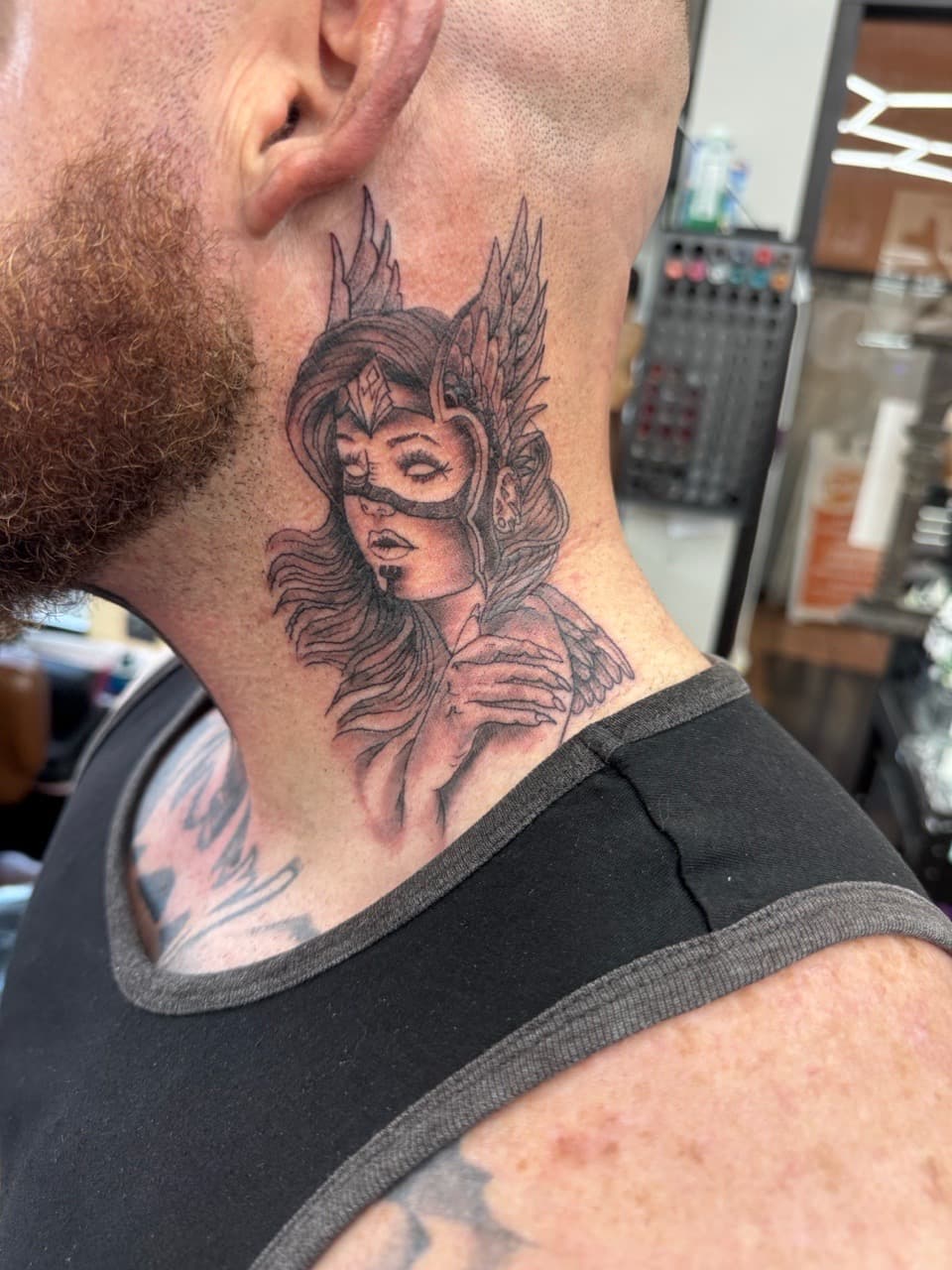 Realism + Black & Grey angel tattoo on Neck (Side) by William_Samaras on TattMe