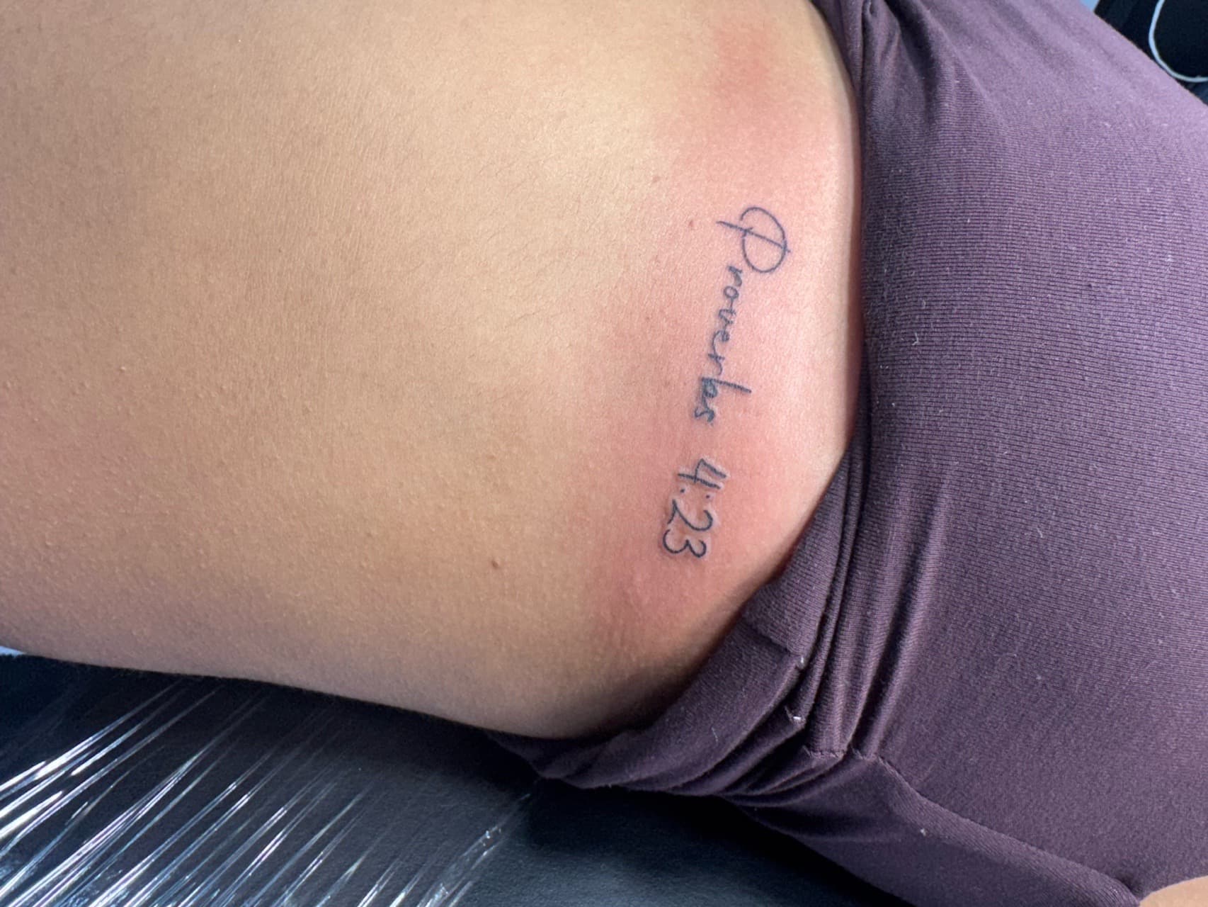 Lettering + Script bible verse tattoo on Hip by William_Samaras on TattMe
