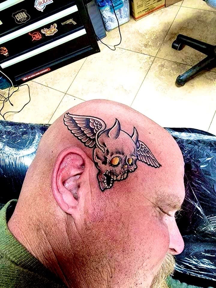 Neo-Traditional + Illustrative skull tattoo on Scalp by William_Samaras on TattMe