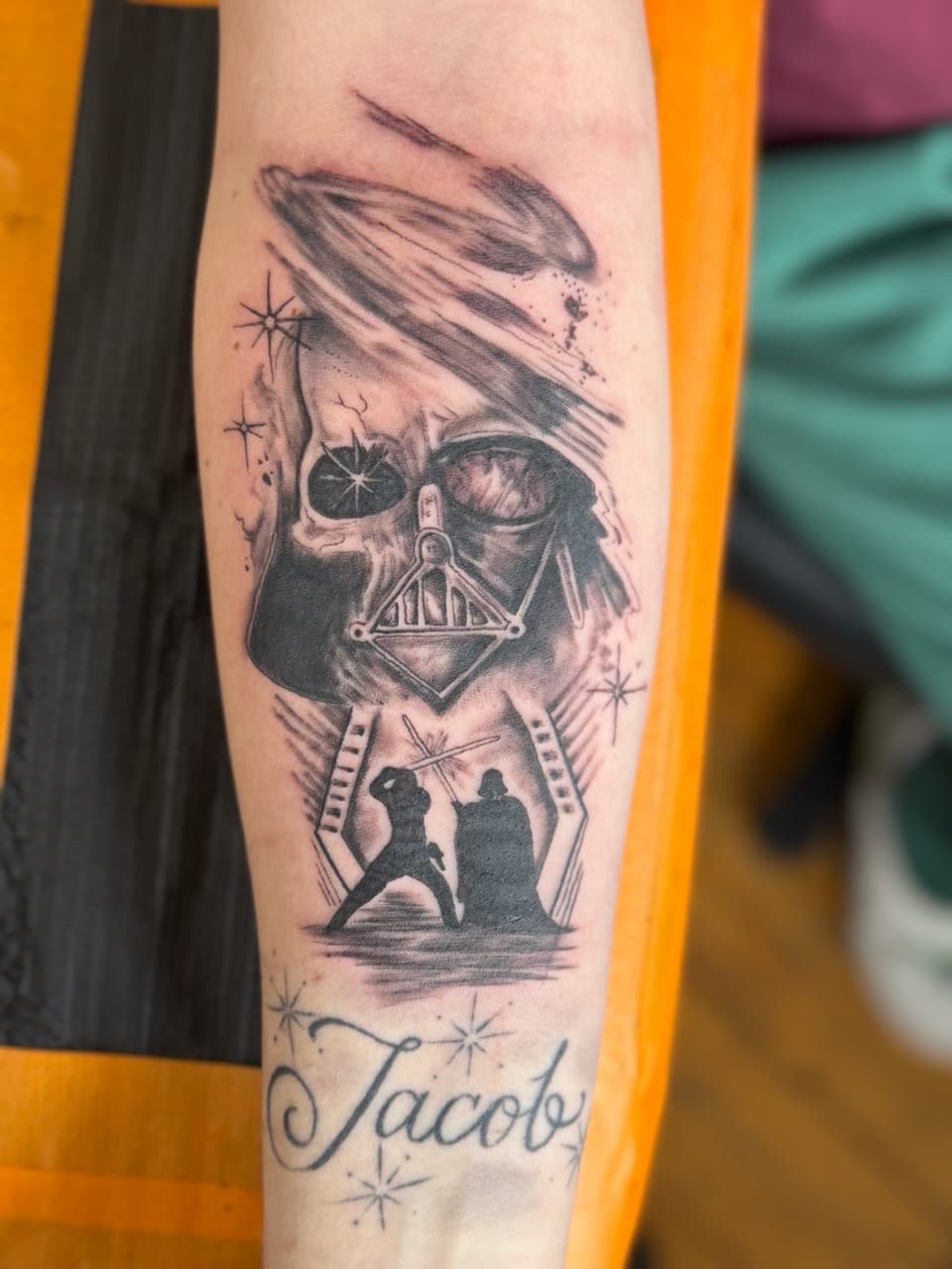 Black & Grey + Illustrative darth vader tattoo on Forearm by William_Samaras on TattMe