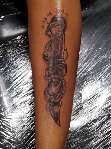 Black & Grey + Illustrative dagger tattoo on Calf by William_Samaras on TattMe
