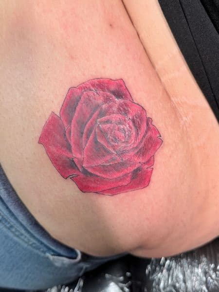 Color + Floral rose tattoo on Thigh by William_Samaras on TattMe