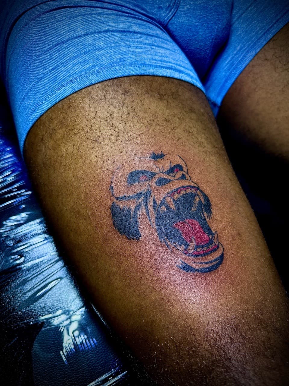 Neo-Traditional + Illustrative gorilla tattoo on Thigh by William_Samaras on TattMe