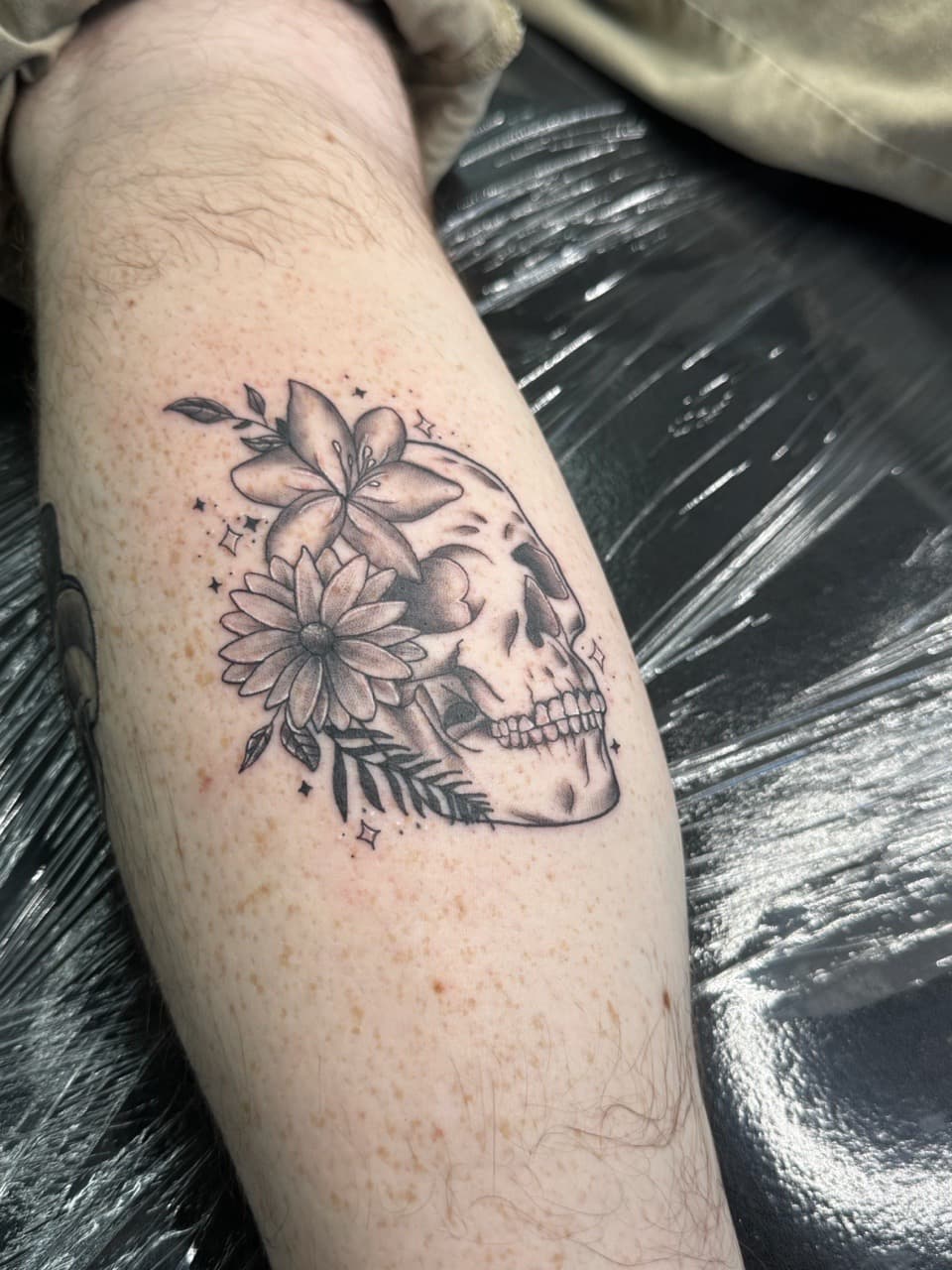 Black & Grey + Floral skull tattoo on Forearm by William_Samaras on TattMe