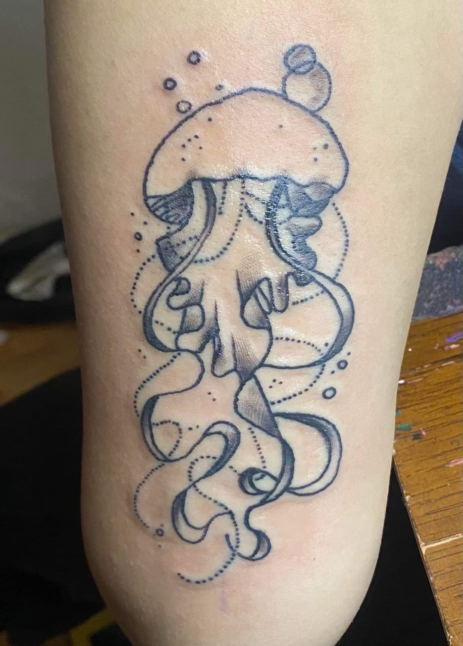 Fine Line + Black & Grey jellyfish tattoo on Upper Arm by William_Samaras on TattMe