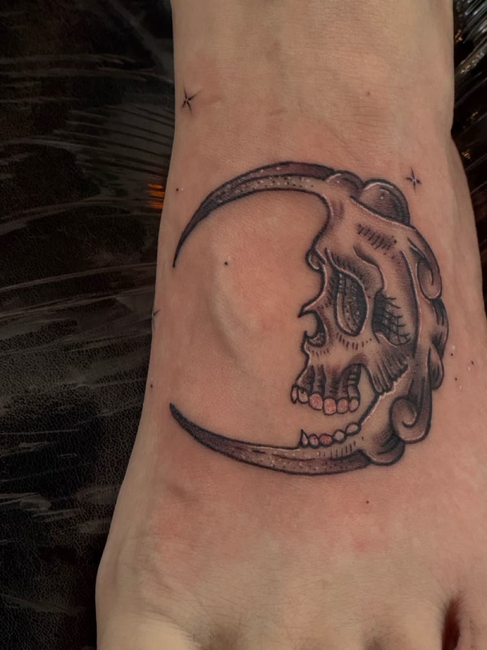 Black & Grey + Illustrative skull tattoo on Foot by William_Samaras on TattMe