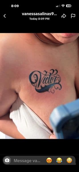 Script + Lettering name tattoo on Sternum by William_Samaras on TattMe