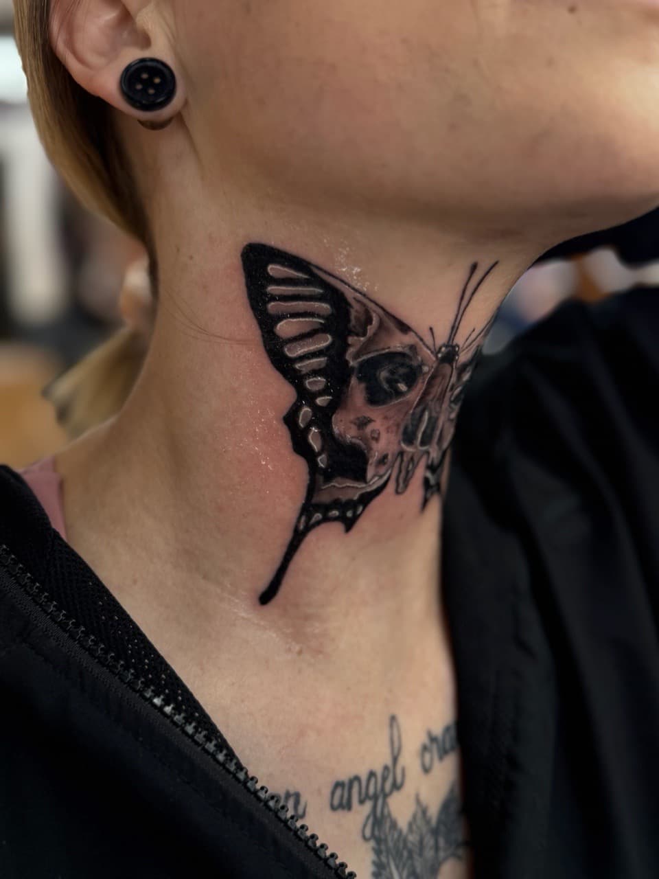 Black & Grey + Illustrative butterfly tattoo on Neck (Side) by William_Samaras on TattMe