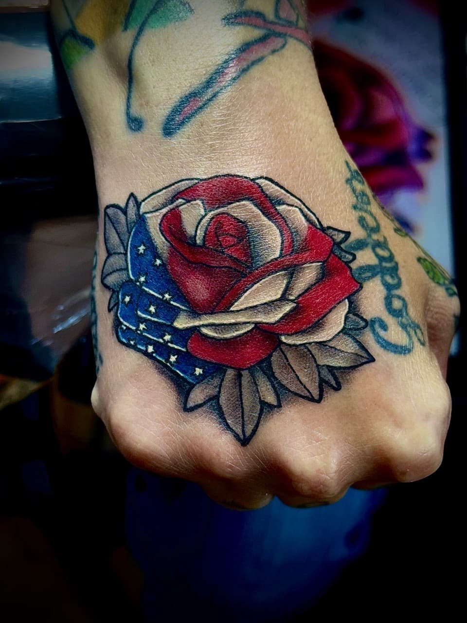 American Traditional + Traditional rose tattoo on Hand by William_Samaras on TattMe