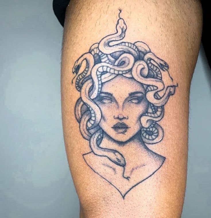 Black & Grey + Illustrative medusa tattoo on Thigh by William_Samaras on TattMe