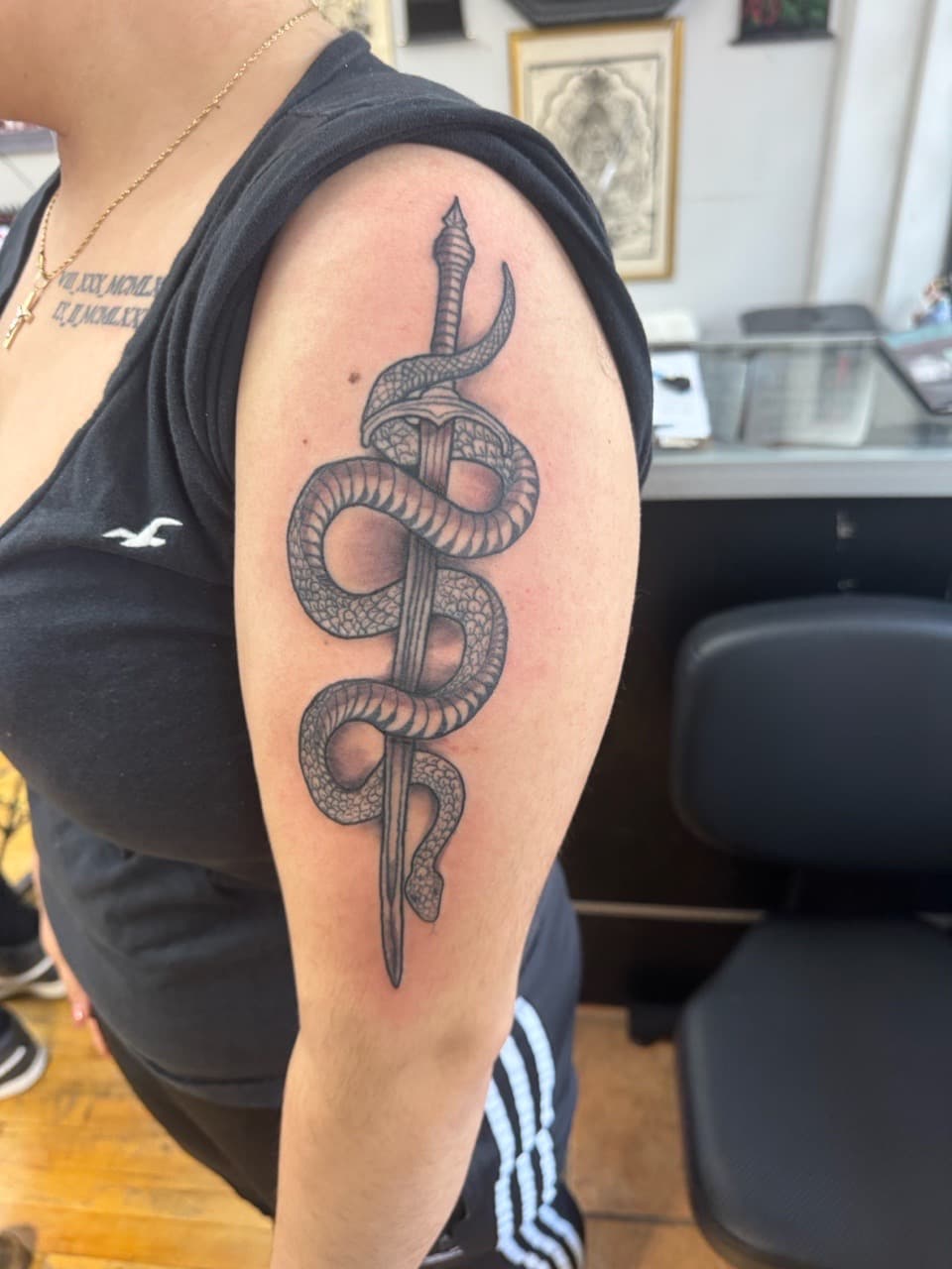 Black & Grey + Dot-work snake tattoo on Upper Arm by William_Samaras on TattMe