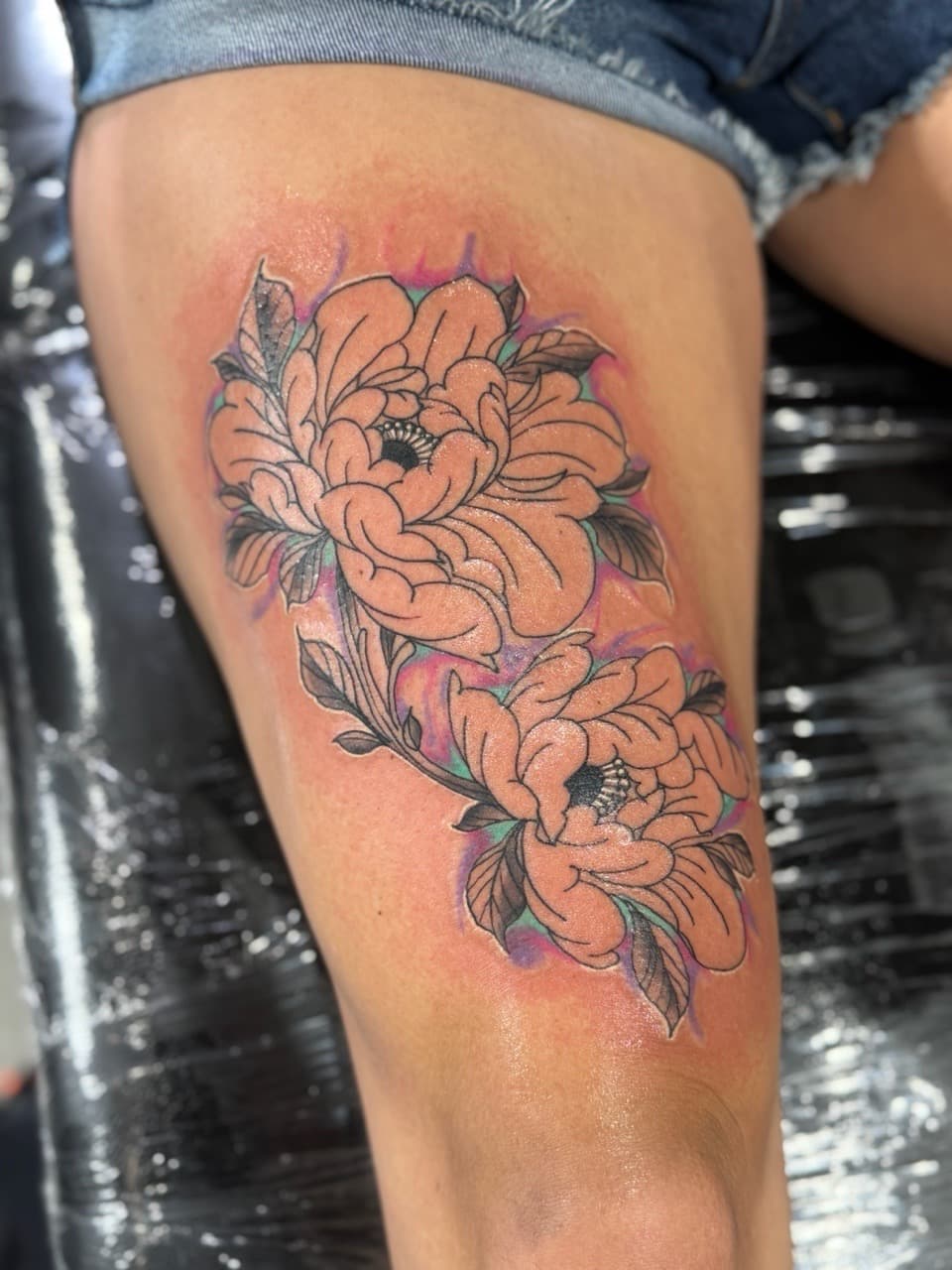 Fine Line + Floral peonies tattoo on Thigh by William_Samaras on TattMe