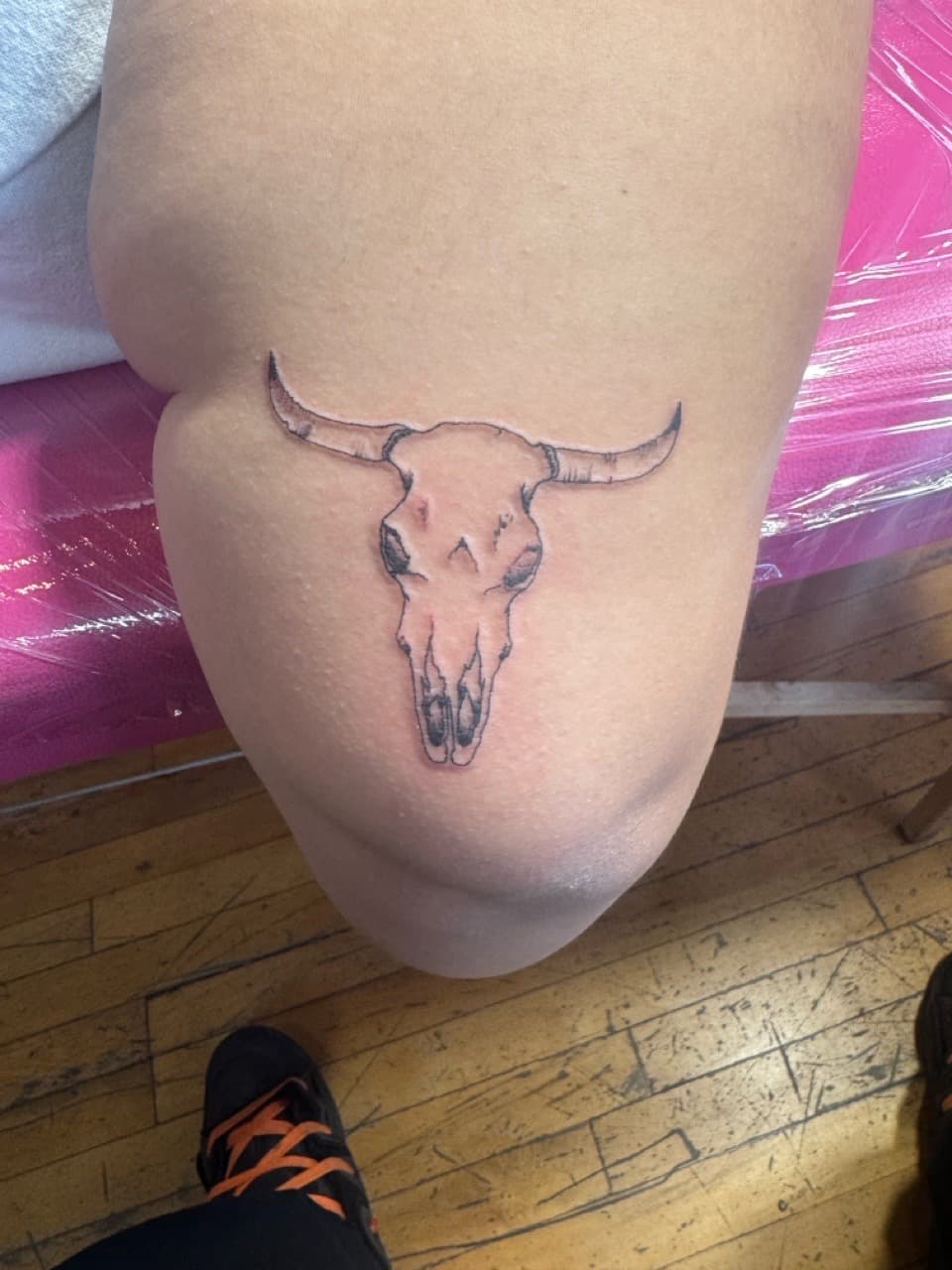 Fine Line + Black-work bull skull tattoo on Thigh by William_Samaras on TattMe