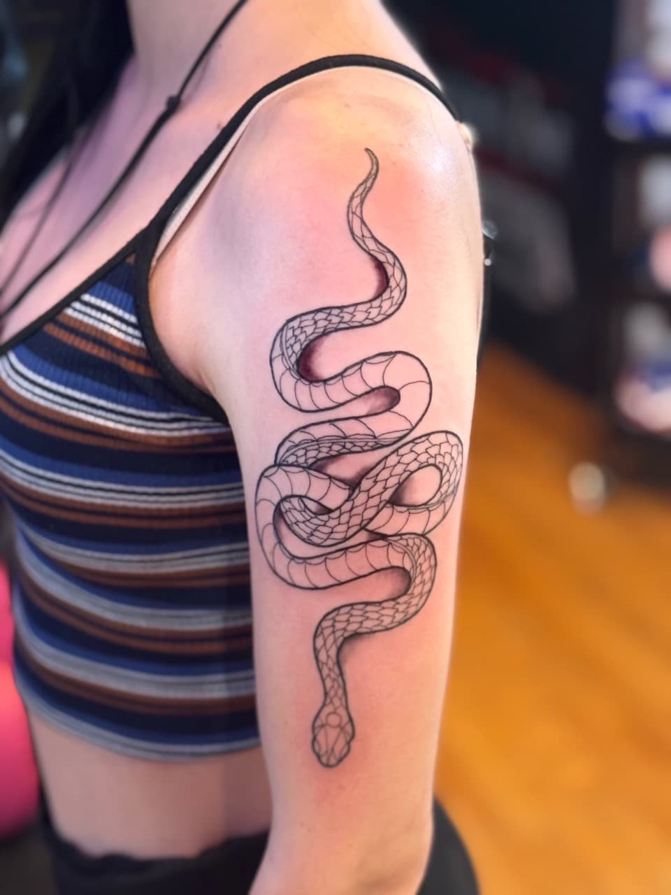 Line-work + Fine Line snake tattoo on Upper Arm by William_Samaras on TattMe