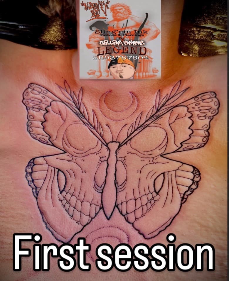 Black-work + Illustrative butterfly tattoo on Sternum by William_Samaras on TattMe