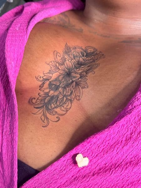 Floral + Black & Grey flowers tattoo on Chest by William_Samaras on TattMe