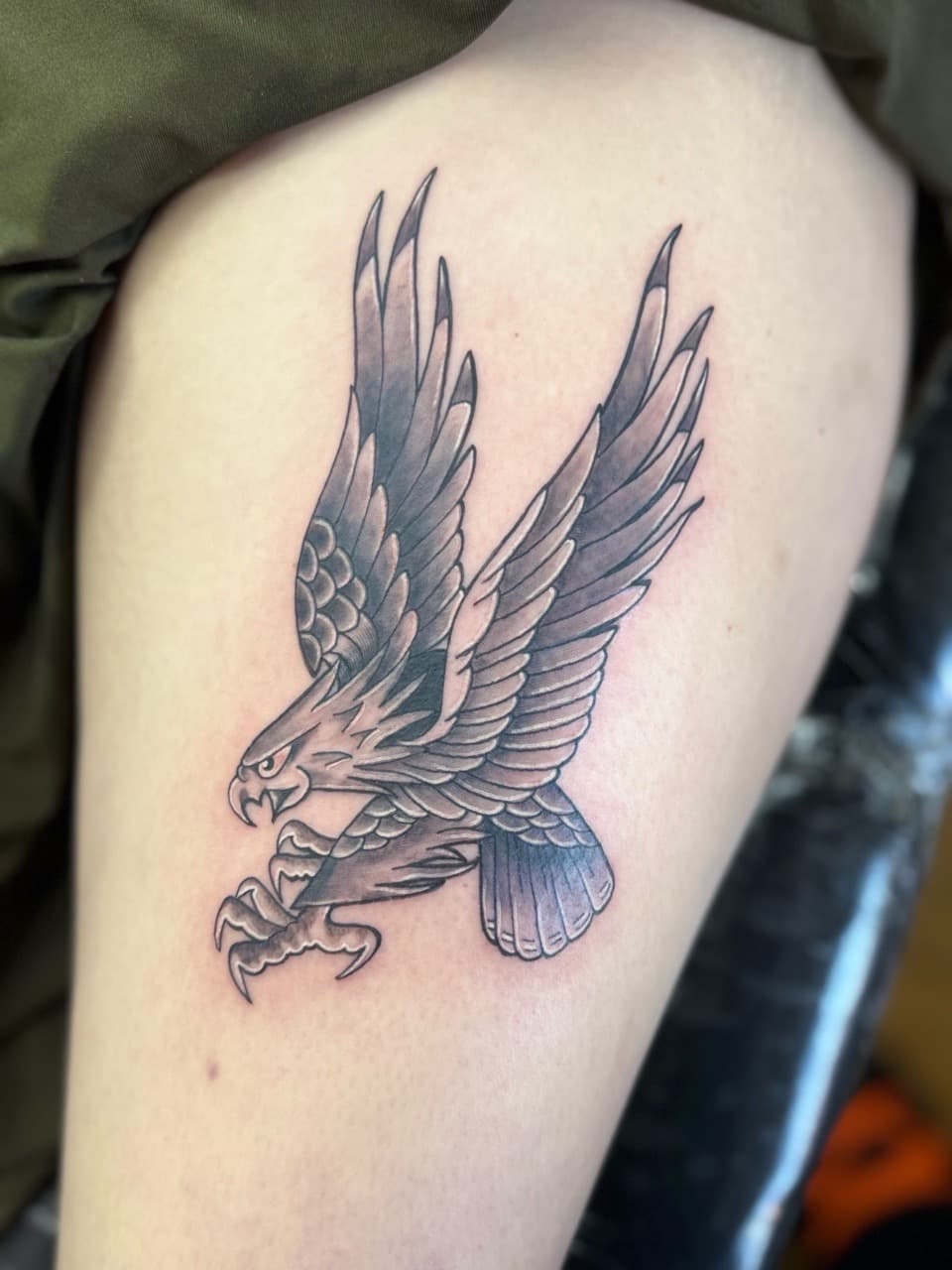 Black & Grey + Traditional eagle tattoo on Thigh by William_Samaras on TattMe
