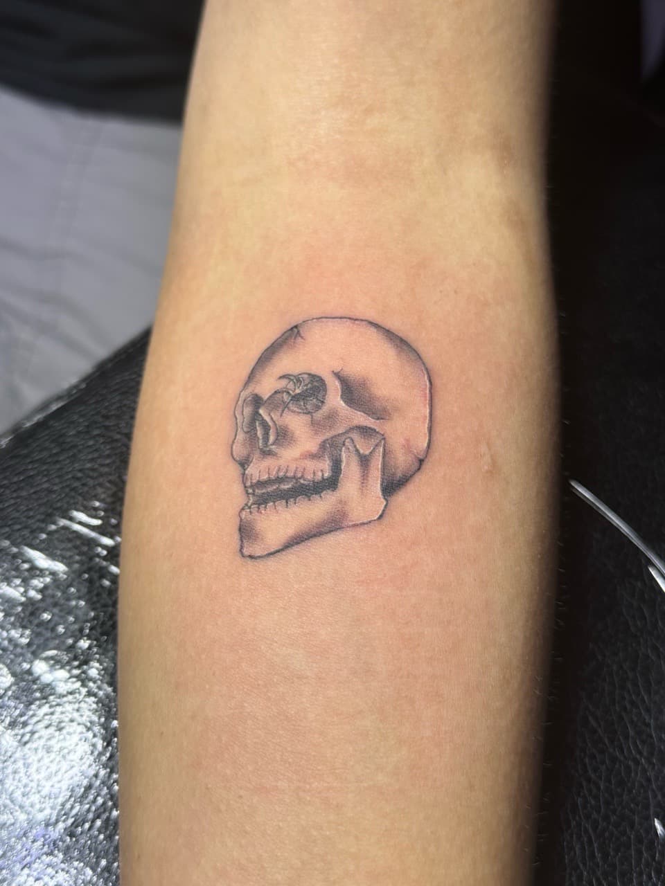 Black & Grey + Fine Line skull tattoo on Forearm by William_Samaras on TattMe