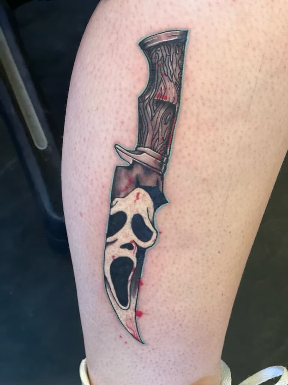 Color + Black-work knife tattoo on Calf by William_Samaras on TattMe