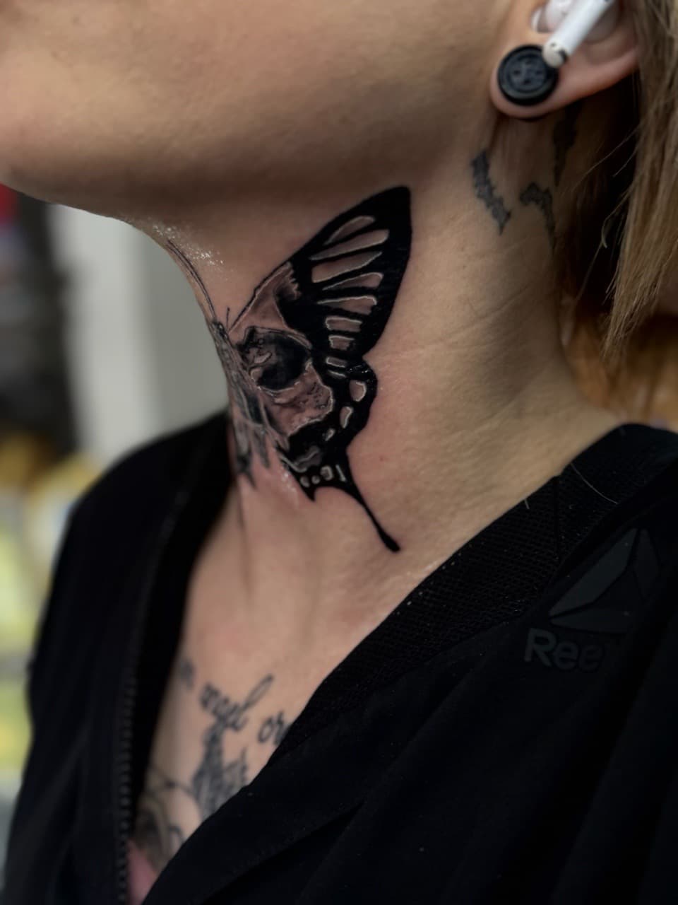Black & Grey + Illustrative butterfly tattoo on Neck (Side) by William_Samaras on TattMe