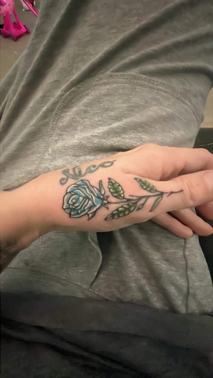Floral + Color rose tattoo on Hand by William_Samaras on TattMe