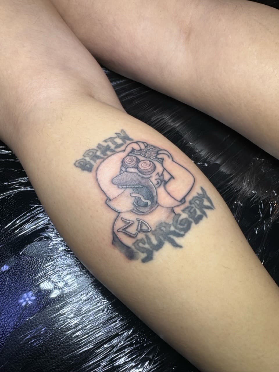 Black & Grey + Lettering brain tattoo on Calf by William_Samaras on TattMe