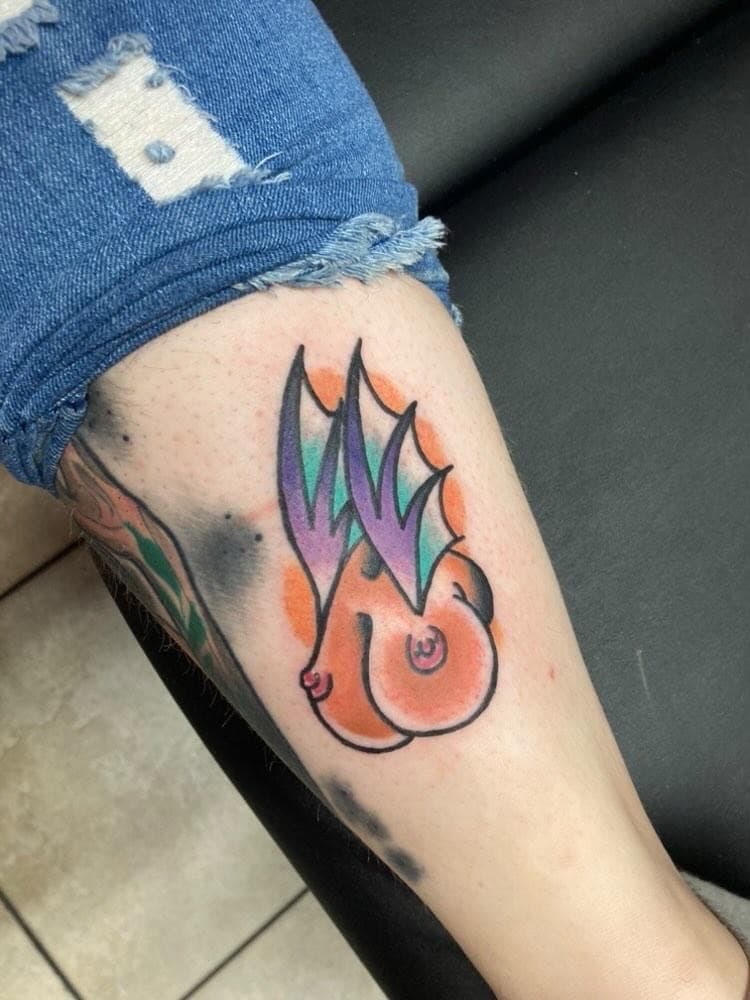 New School + Color buttocks tattoo on Calf by William_Samaras on TattMe